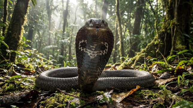Ophiophagus hannah king cobra displaying hood expansion and lingual sensory flick in tropical understory