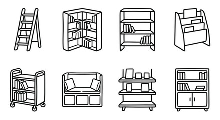 Collection of Hand-Drawn Bookshelves and Library Furniture Icons © keenan