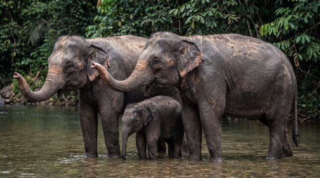 Elephas maximus family social interaction with calf in riparian jungle habitat