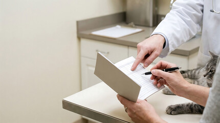 Veterinarian pointing at medical record book while discussing feline health with pet owner