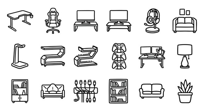 Gaming room setup icons: desk, chair, consoles, monitors, headphones, sofa, lamp, bookshelf