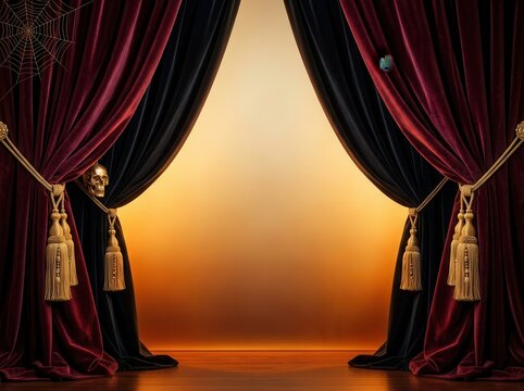 Empty theater stage with red velvet curtains and dramatic spotlight. Classic proscenium arch setup for performances, events, or presentations.