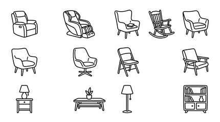 Set of hand-drawn furniture icons: armchairs, recliner, massage chair, rocking chair, bookshelf © keenan