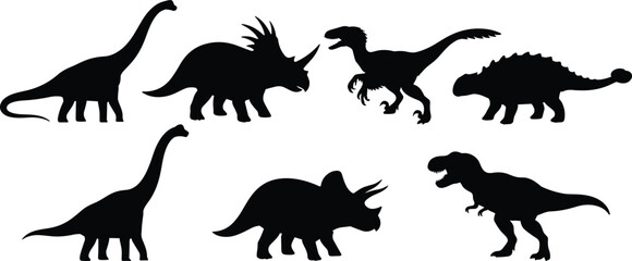 Dinosaur Silhouette Collection Set Featuring Prehistoric Reptiles Isolated on White Background © MD MIJANUR