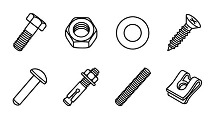 Set of fasteners: bolts, nuts, screws, washers, and anchors - line art icons © keenan