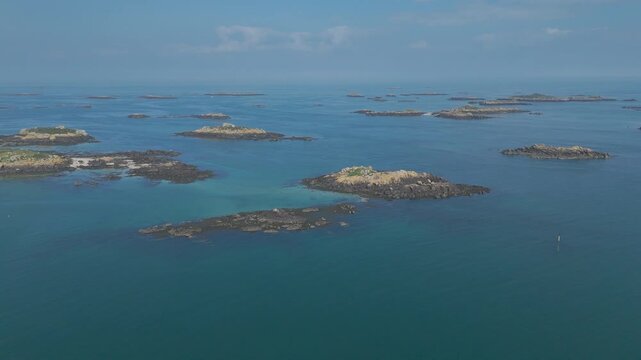 Aerial view of the wild Chausey archipelago and its rocks, Normandy, France