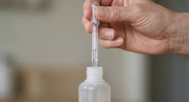 Hand holding a dropper over a small open plastic bottle