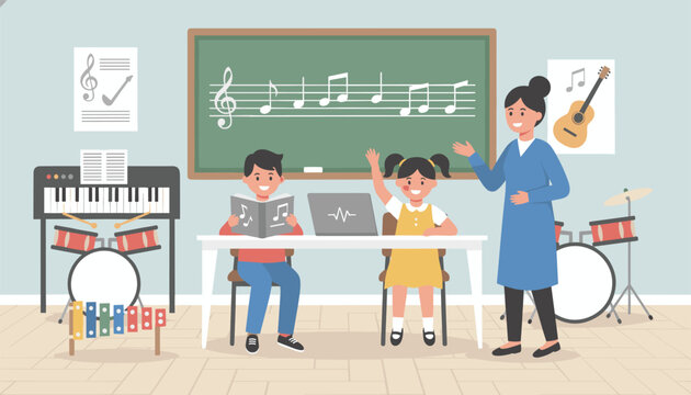 Music teacher conducting a creative lesson for young elementary students in a colorful classroom with instruments.