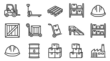 Logistics and Warehousing Icons: Forklift, Pallet Jack, Boxes, Shelving, Helmet, Barrel © keenan