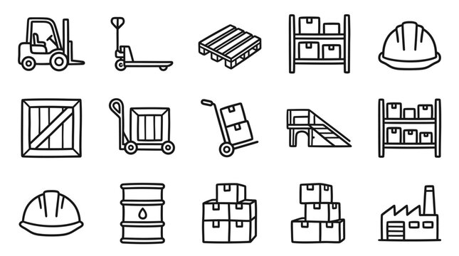 Logistics and Warehousing Icons: Forklift, Pallet Jack, Boxes, Shelving, Helmet, Barrel