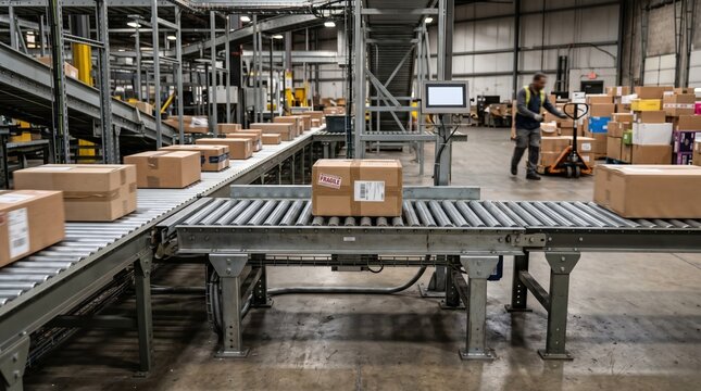 Medium shot of rollerbed integrated parcel scale in a distribution hub capturing fast and efficient weight data for parcels in transit on conveyor belts.