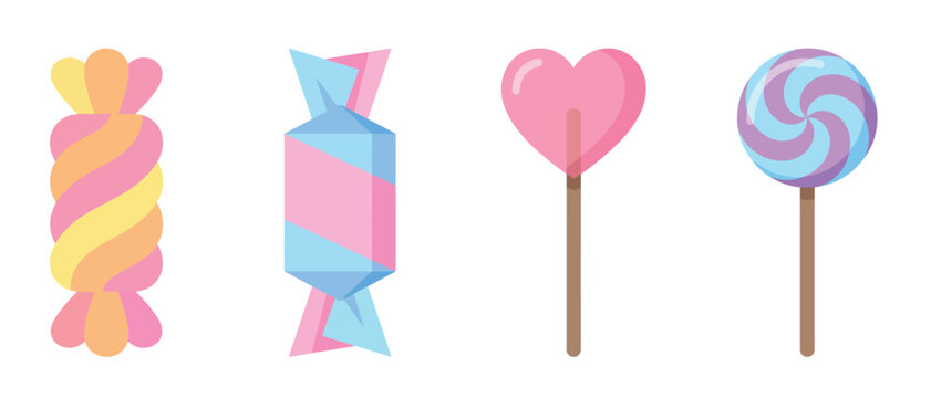 Set of four colorful sweet candy illustrations on a transparent background featuring swirl pattern wrapped treats and heart shaped lollipop icons for creative design projects.
