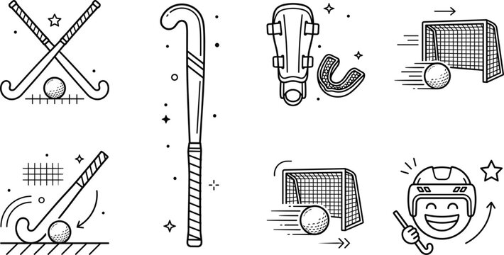 Field hockey sports equipment line icon set with sticks ball goal net shin guards mouthguard player helmet vector