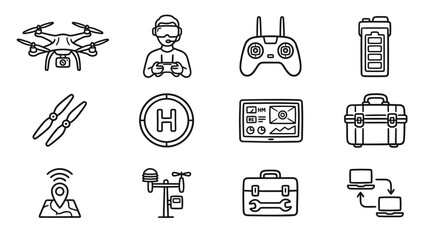 Drone Technology Icons: Quadcopter, Pilot, Controller, Battery, Propellers, Heliport, Screen, Case © keenan