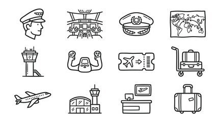 Airplane Pilot, Control Tower, Cockpit, Airport Icons Set - Aviation Vector Graphics © keenan