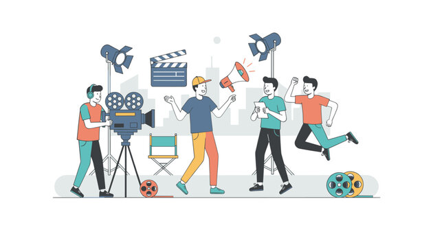 Dynamic movie set scene with director using megaphone, cameraman filming, and enthusiastic actor jumping in excitement.
