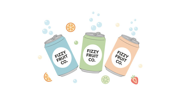 Three colorful beverage cans labeled with fruit company branding surrounded by floating citrus slices and carbonated bubbles.