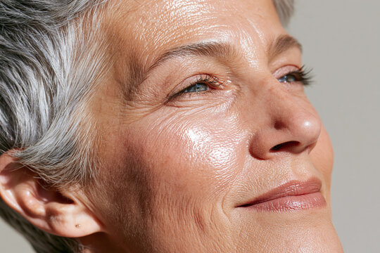 Elderly Arab woman macro portrait glowing skin closeup smiling serene expression natural silver hair radiant complexion