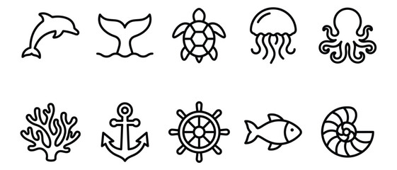 Marine life and ocean nautical icons collection featuring dolphin whale tail turtle jellyfish octopus coral anchor helm fish and seashell on transparent background. © MTRASHIDA