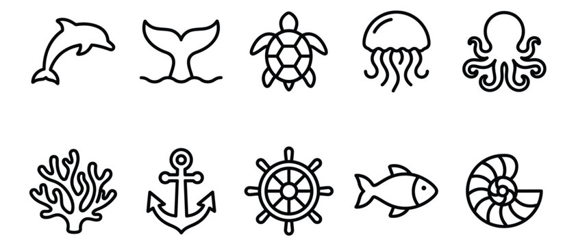 Marine life and ocean nautical icons collection featuring dolphin whale tail turtle jellyfish octopus coral anchor helm fish and seashell on transparent background.