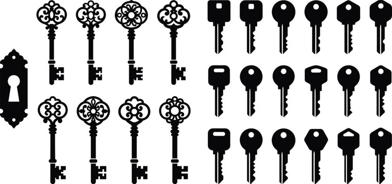 Vintage skeleton keys and modern house keys collection with ornate keyhole plate silhouette illustration