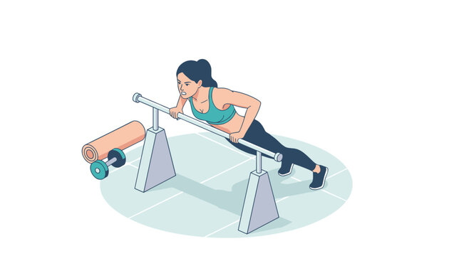 Isometric illustration of a fit woman performing push-ups on parallel bars with a gym mat and dumbbells.