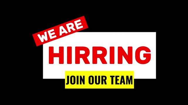 We are hiring join our team text animation for job recruitment on blue background and transparent background.