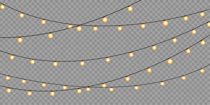 Christmas lights isolated realistic vector illustration. Golden garland string with bright glowing bulbs and magic sparkles on transparent background for winter season invitations. 