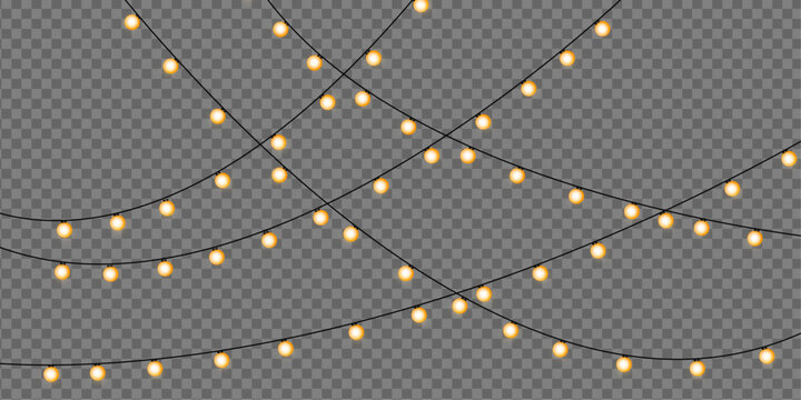 Christmas lights isolated realistic vector illustration. Golden garland string with bright glowing bulbs and magic sparkles on transparent background for winter season invitations. 