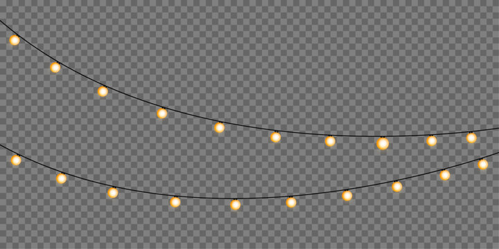 Christmas lights isolated realistic vector illustration. Golden garland string with bright glowing bulbs and magic sparkles on transparent background for winter season invitations. 
