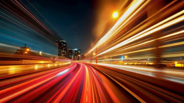 Dynamic fast night city highway light trail background concept featuring modern urban skyline traffic for futuristic corporate technology and transportation presentations.