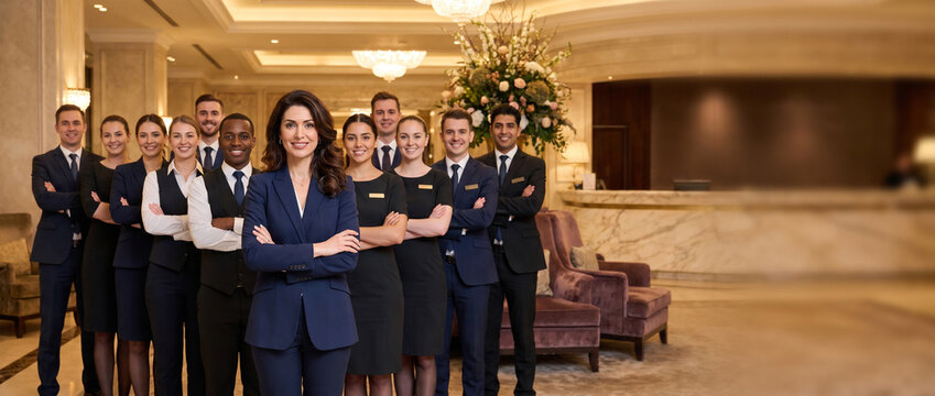 Diverse luxury hotel team standing in elegant hotel lobby with confident female manager in front, receptionists, concierge and guest service staff premium hospitality environment professional portrait