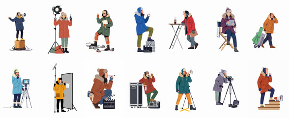 Set of diverse film production crew characters wearing winter clothing and using professional equipment for cold weather movie making, isolated on white. © Bambang