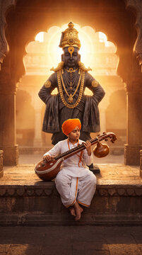 Indian boy playing a tanpura in deep devotion before the sacred Lord Vitthal statue