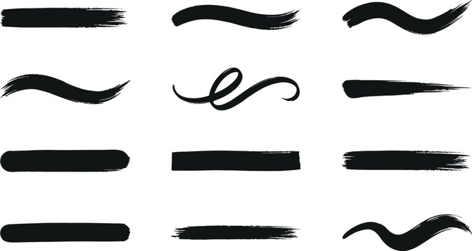 Set of black hand drawn dry brush stroke lines and design elements with creative