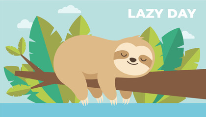 Obraz premium Cute brown sloth sleeping peacefully on a thick tree branch surrounded by lush tropical jungle leaves on a lazy day.