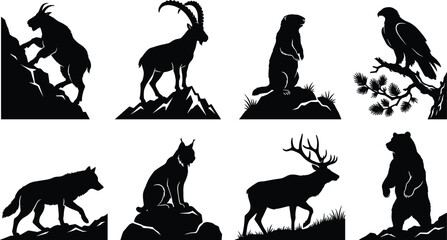 Naklejka premium Wild Mountain and Forest Animal Silhouette Vector Collection Featuring Goat Ibex Marmot Eagle Wolf Lynx Stag Bear