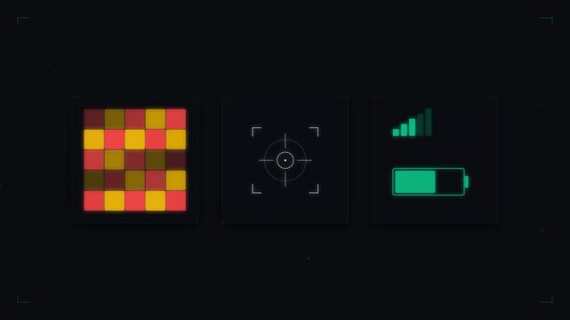 Motion of digital screen indicators showing color calibration targeting and signal strength in a high-tech environment.