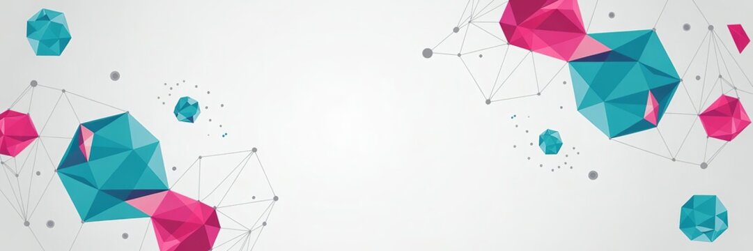 Abstract background, featuring geometric polyhedral, shapes in teal, and pink, connected, by thin lines, and dots on, a clean, light, gray surface backdrop