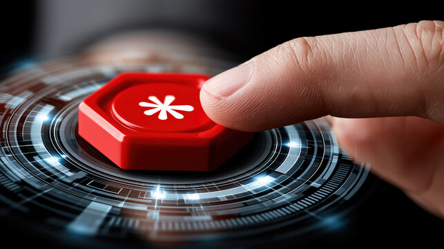 Pressing red button with asterisk symbol futuristic digital interface, technology concept with human finger interaction and glowing circular