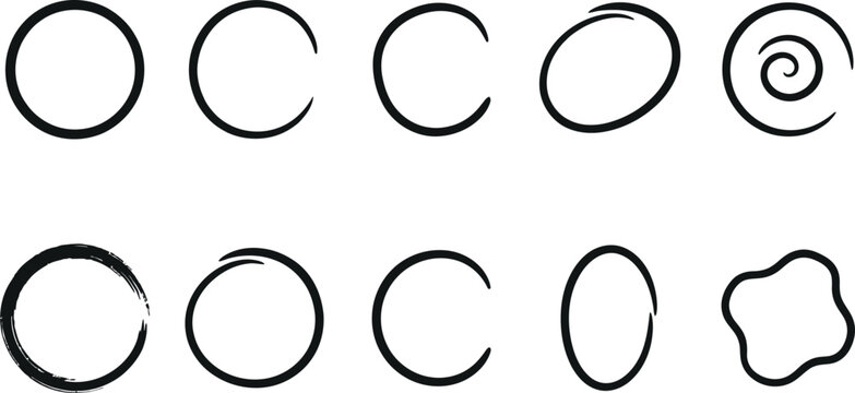 Selection of hand-drawn circles and organic shapes in black ink with abstract