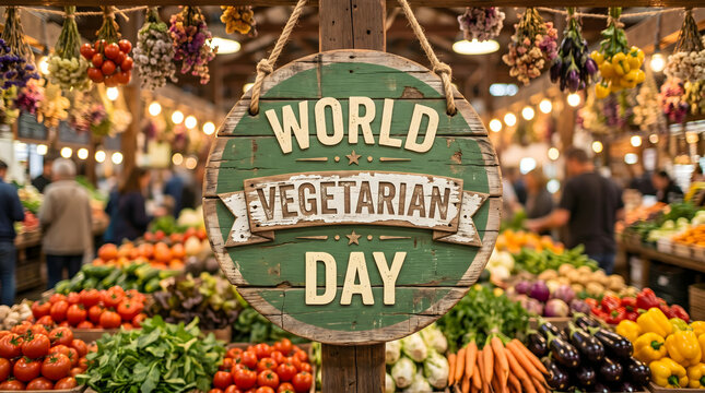 World Vegetarian Day sign at a vibrant farmers market with fresh produce