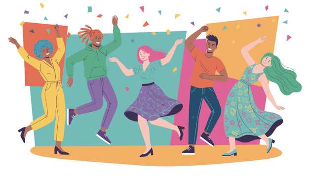 Diverse group of happy young friends dancing energetically at a party with colorful confetti falling around them.