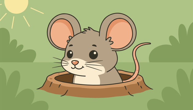 Adorable little grey field mouse peeking out from its underground burrow on a beautiful bright sunny day in a green meadow.