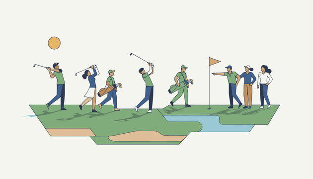 Golfer players in various actions such as swinging, walking, carrying bags, and aiming on a beautiful green course.