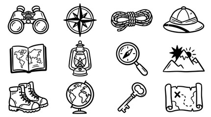Hand drawn doodle style collection of adventure and exploration themed icons. © Rejeki