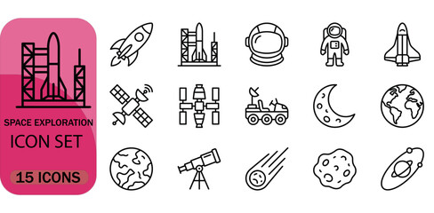 Space exploration icon set with 15 thin line vectors, astronomy and galaxy symbols, rocket launch and astronaut equipment for science infographics © mdHittu