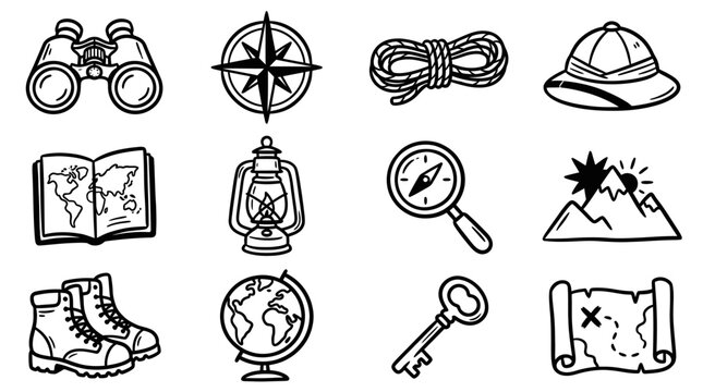 Hand drawn doodle style collection of adventure and exploration themed icons.
