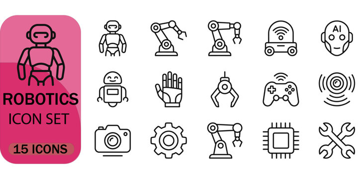 Robotics icon set with 15 thin line vector icons, industrial automation and artificial intelligence symbols, modern robotic arm and technology collection