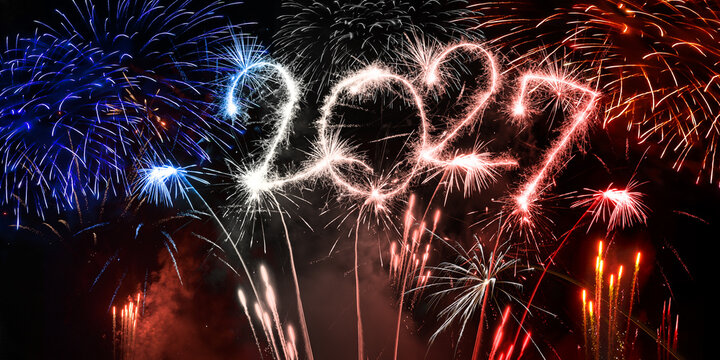 happy new year, new years eve celebration holiday background greeting card - Blue red white firework pyrotechnics with year 2027 on dark night sky